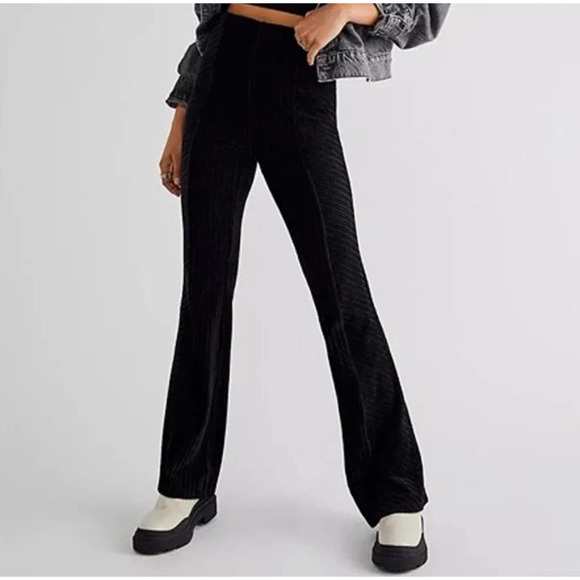 Free People Pants Womens XS Black Ribbed Velvet Flare Leg High Rise Stretch Boho - Picture 1 of 11